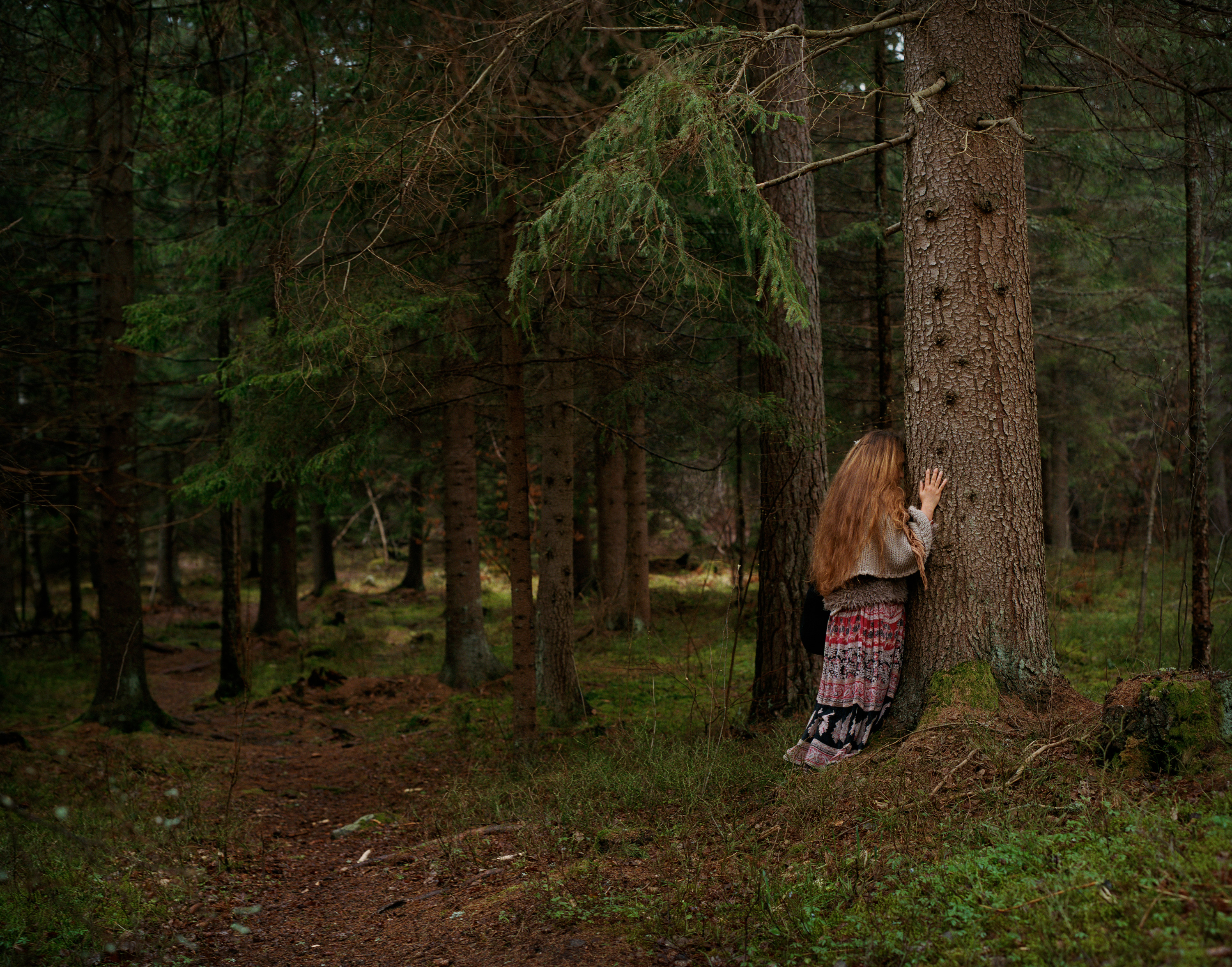 foto i skog och ett barn med långt brunt hår som lutar sig mot ett stort träd