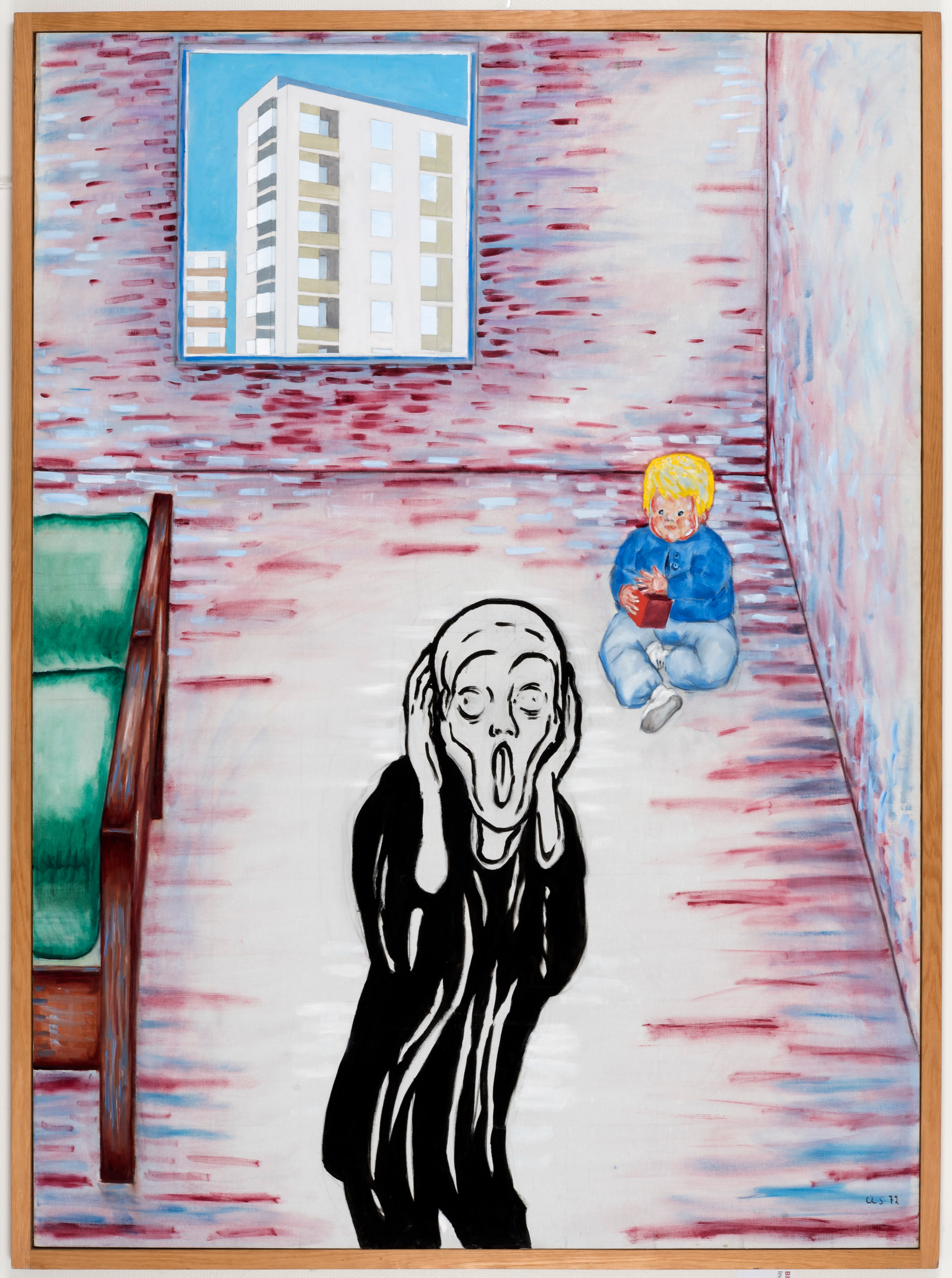 målning med person i förgrund som skriker och i bakgrunden en bäbis som sitter golvet