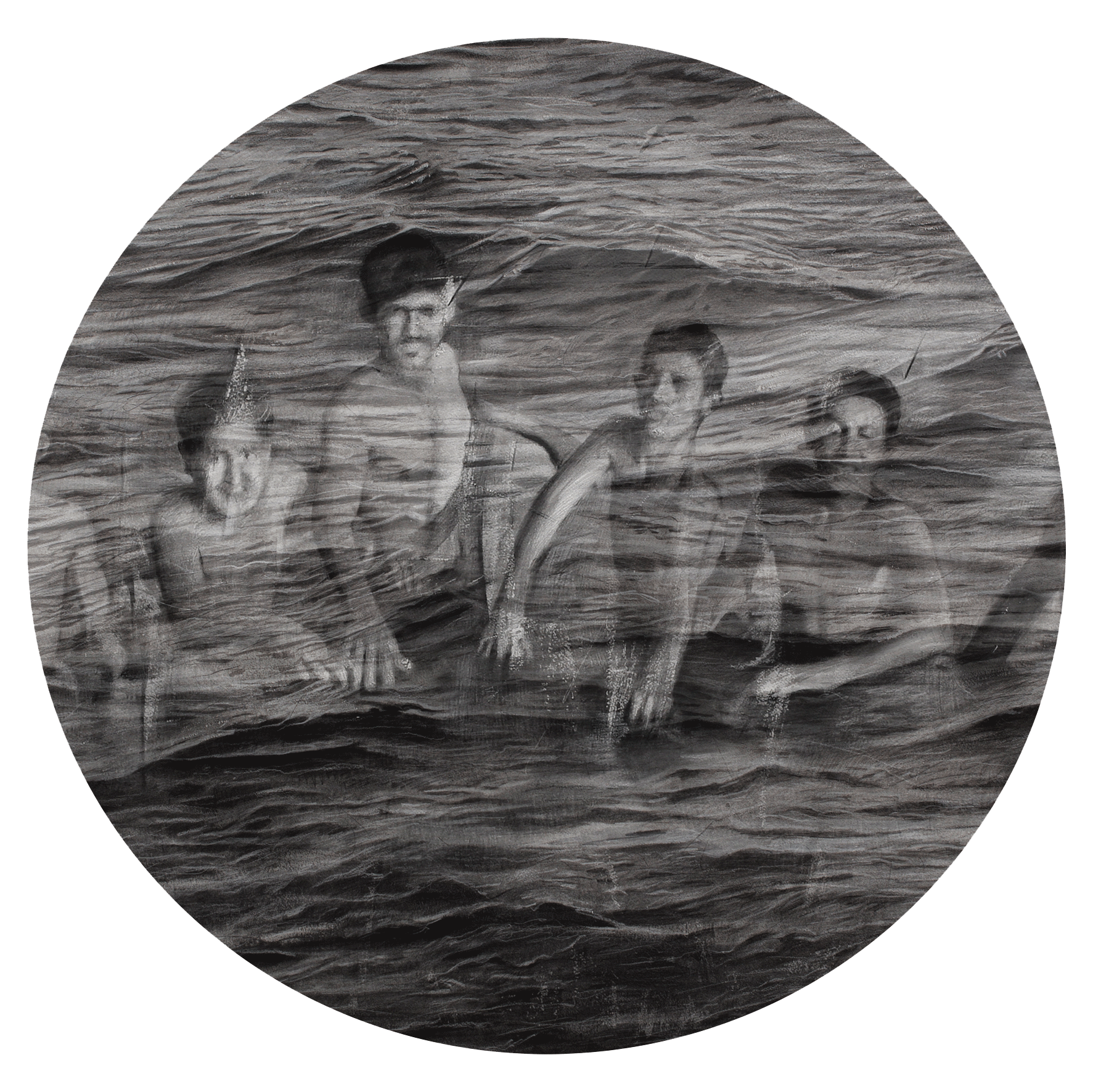 fem personer halvt genomskinliga i ett hav tecknat i blyerts
