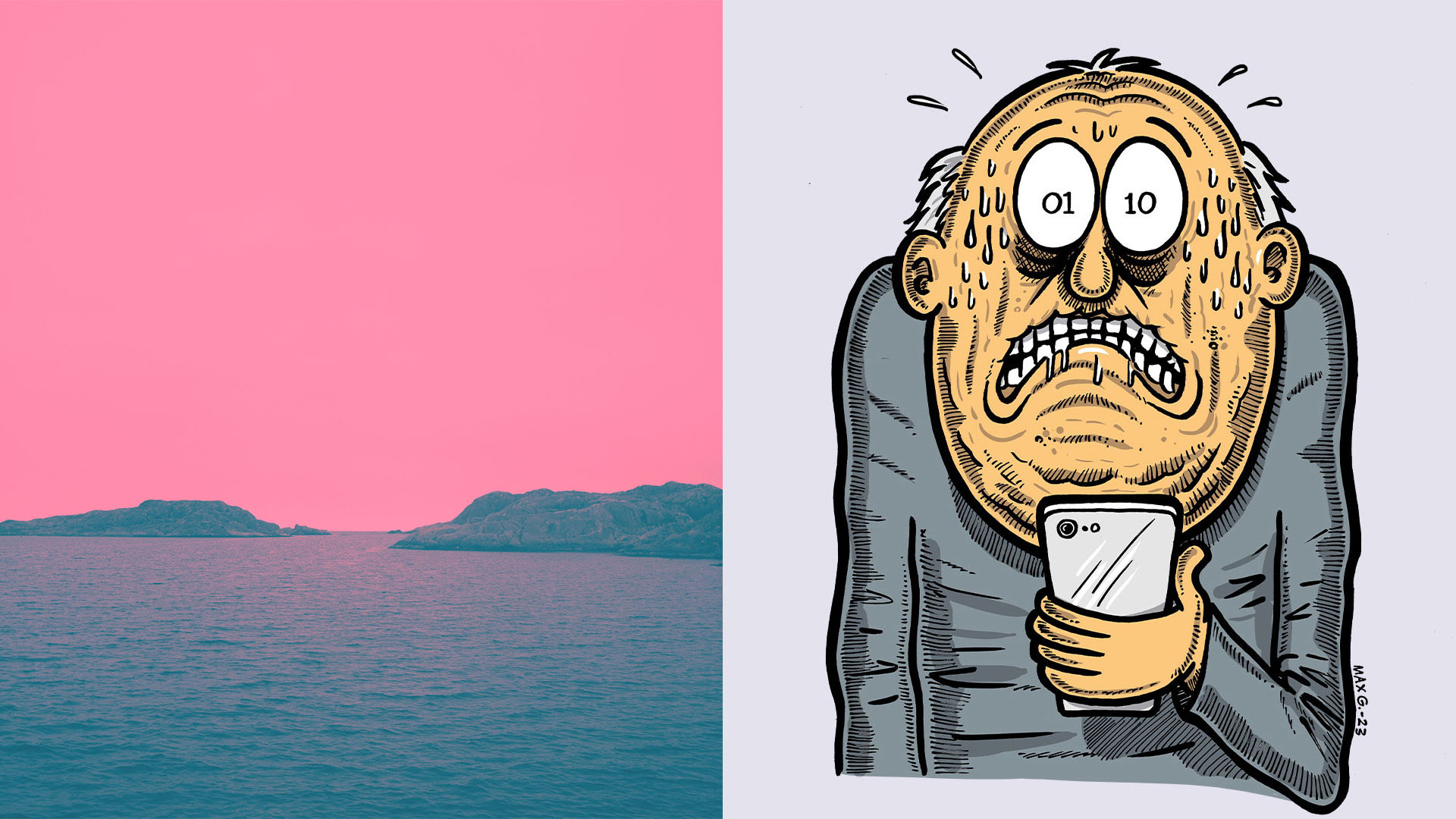 delad bild, till vänster landskapsbild över hav i rosa och mörkblå färger, till höger serietecknad man i psykostillstånd