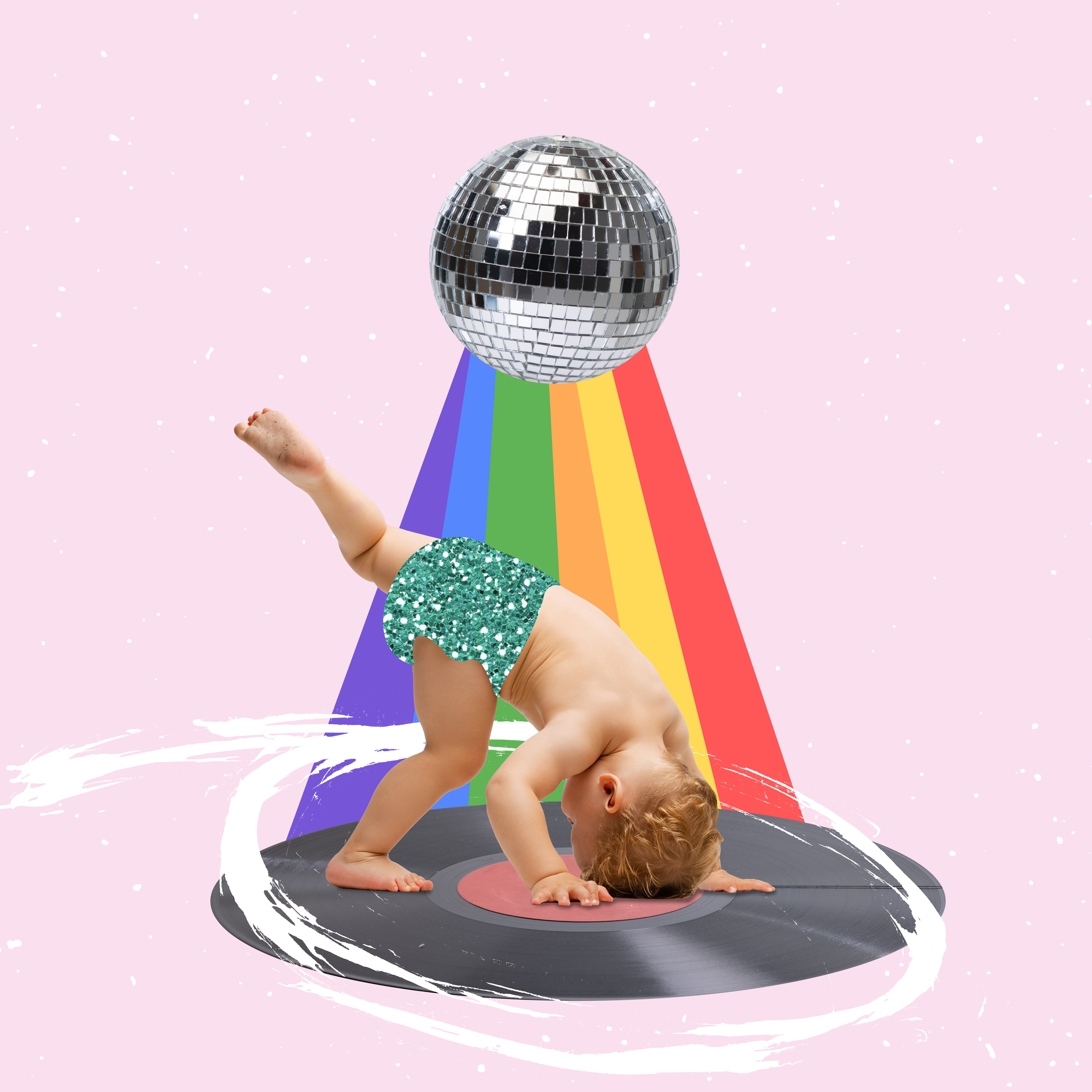 bild i kollageteknik med barn som dansar i regnbågssken med en discokula ovanför sig, mot rosa bakgrund